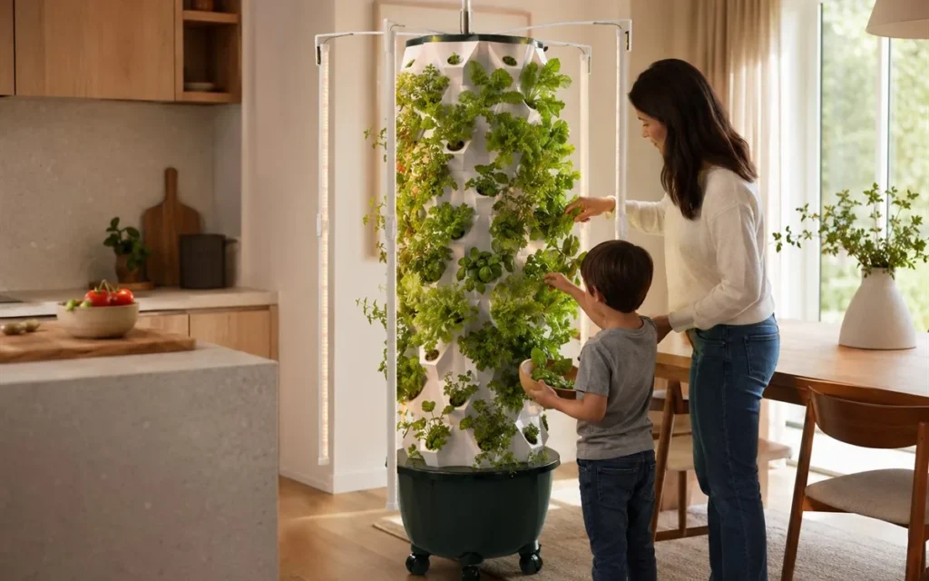 Family harvesting greens from a Nutraponics tower garden at home