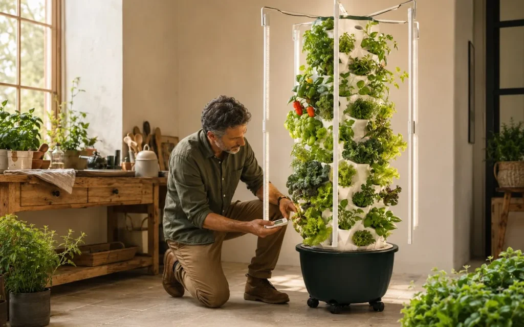 Grower tending a Nutraponics tower garden in a bright workspace