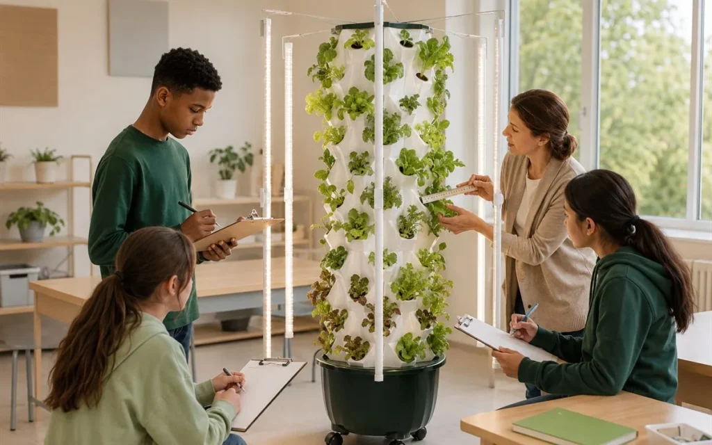 Students measuring plant growth on a Nutraponics tower garden in a classroom