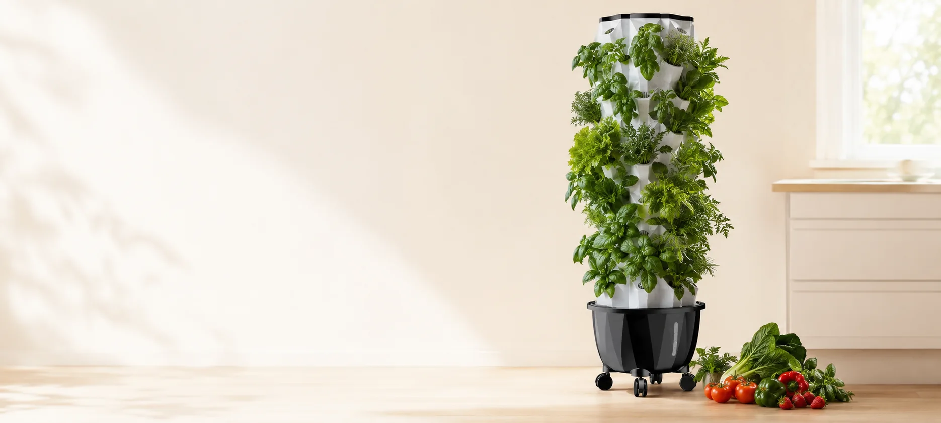 Nutraponics system surrounded by a fresh indoor harvest.