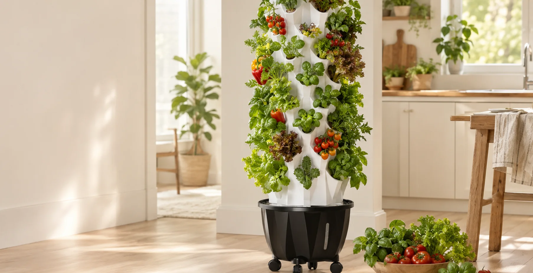 Nutraponics hydroponic system growing greens, herbs, tomatoes, and peppers indoors.