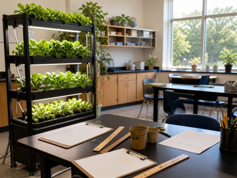 A classroom grow shelf with seedling trays, clipboards and lab tools on the desks.