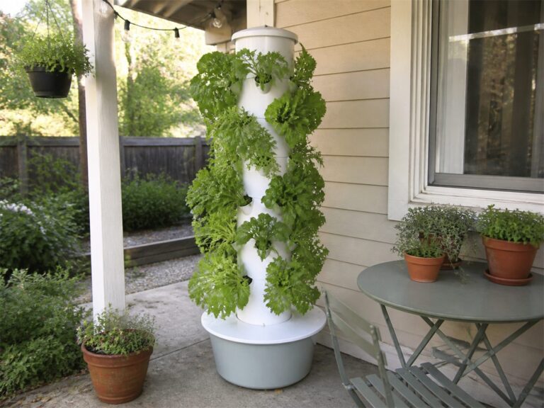 A tower garden of greens on a covered patio beside potted herbs.