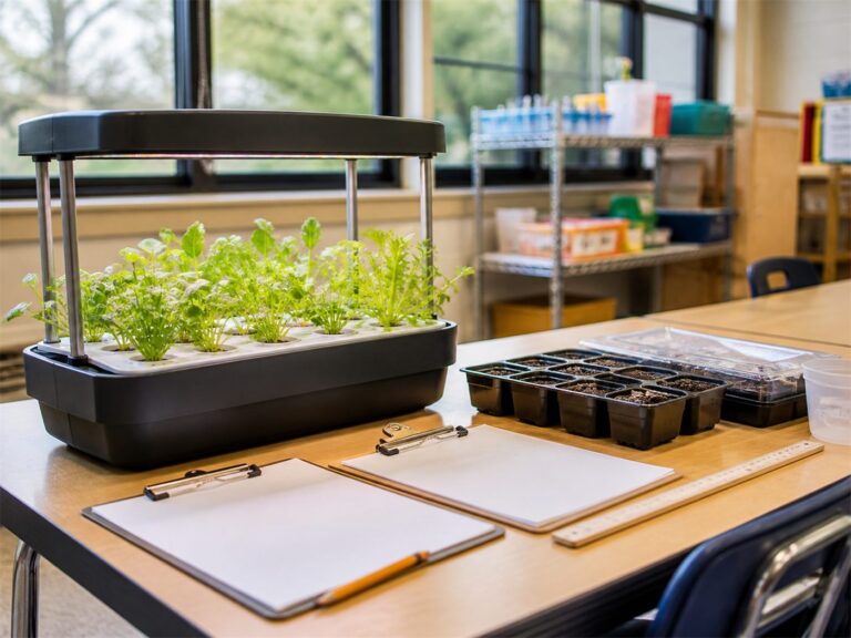 A classroom grow shelf with seedling trays and student clipboards.
