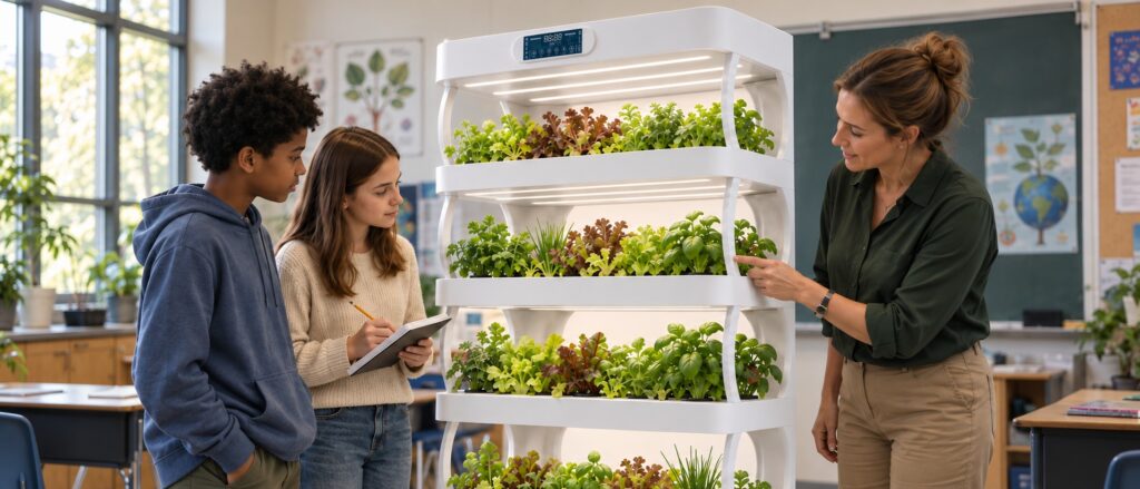 Two students taking notes while a teacher points to leafy greens growing on a Nutraponics Pro Shelf system in a classroom