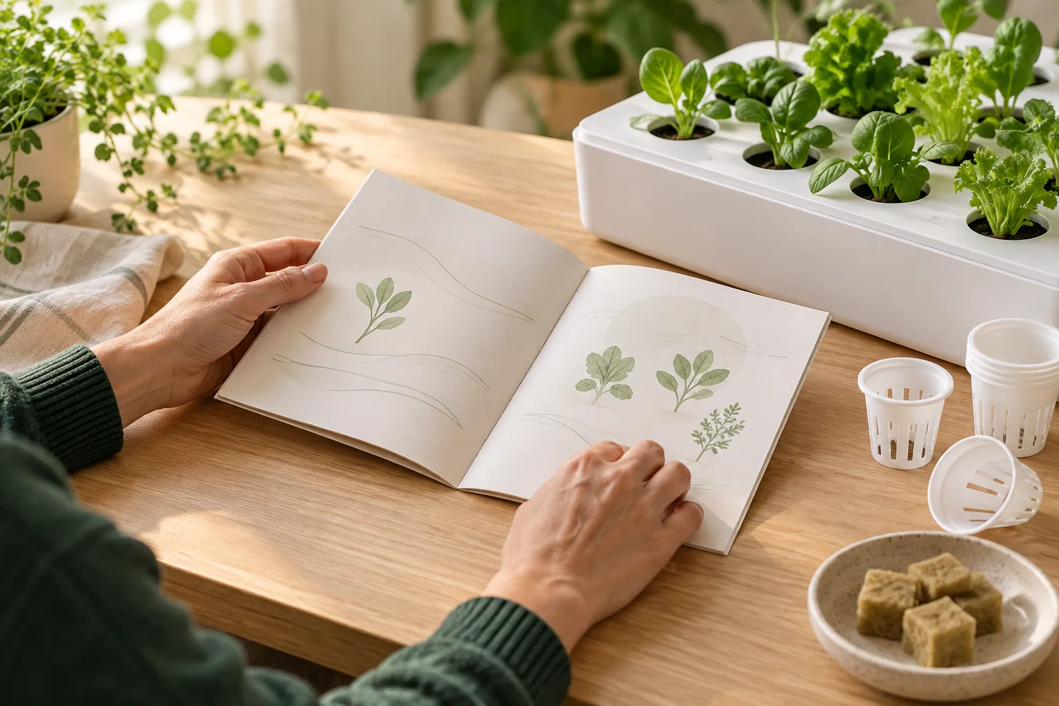 Illustrative manual and garden learning scene