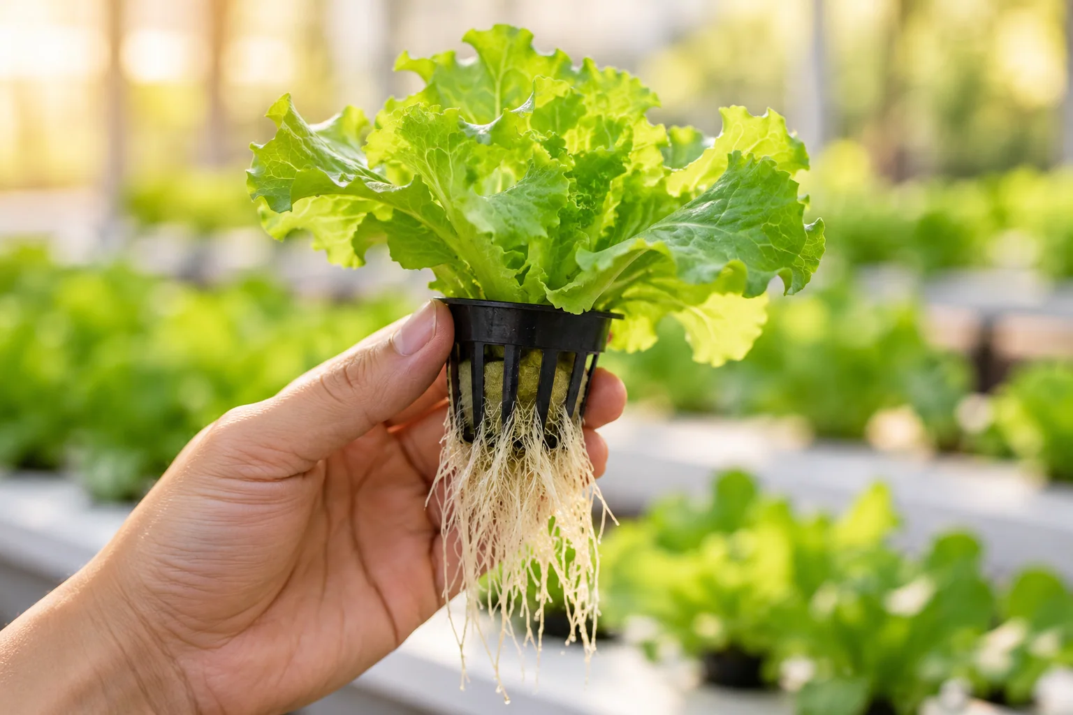 Young lettuce with roots held over a hydroponic growing system