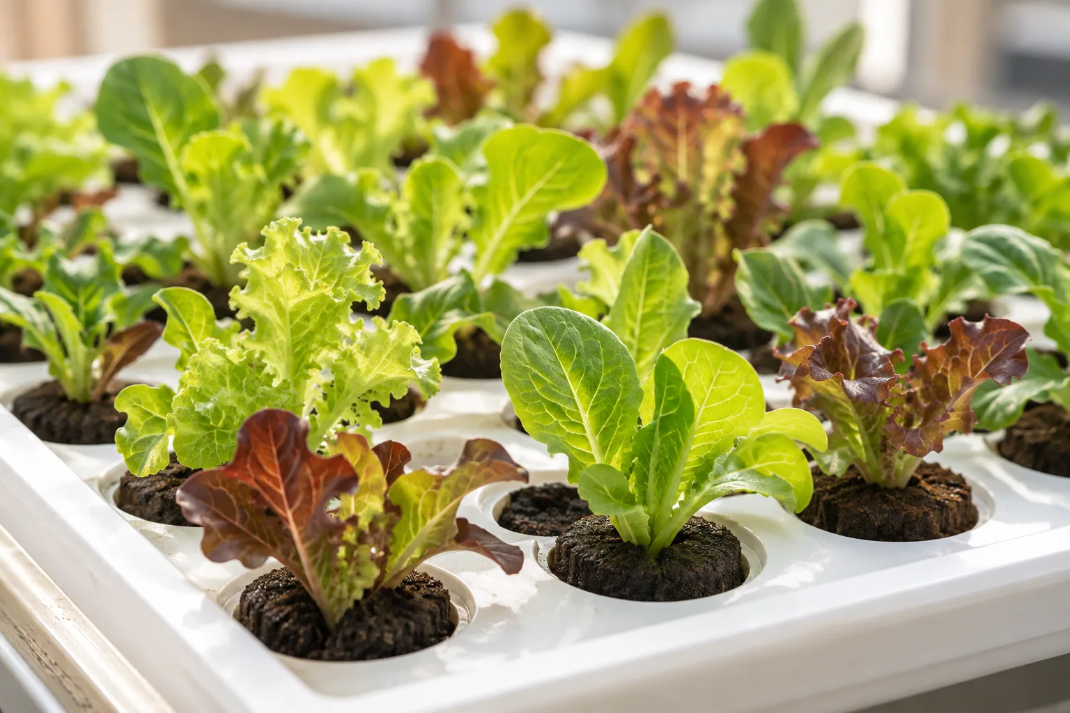 Young seedlings growing in a nursery tray