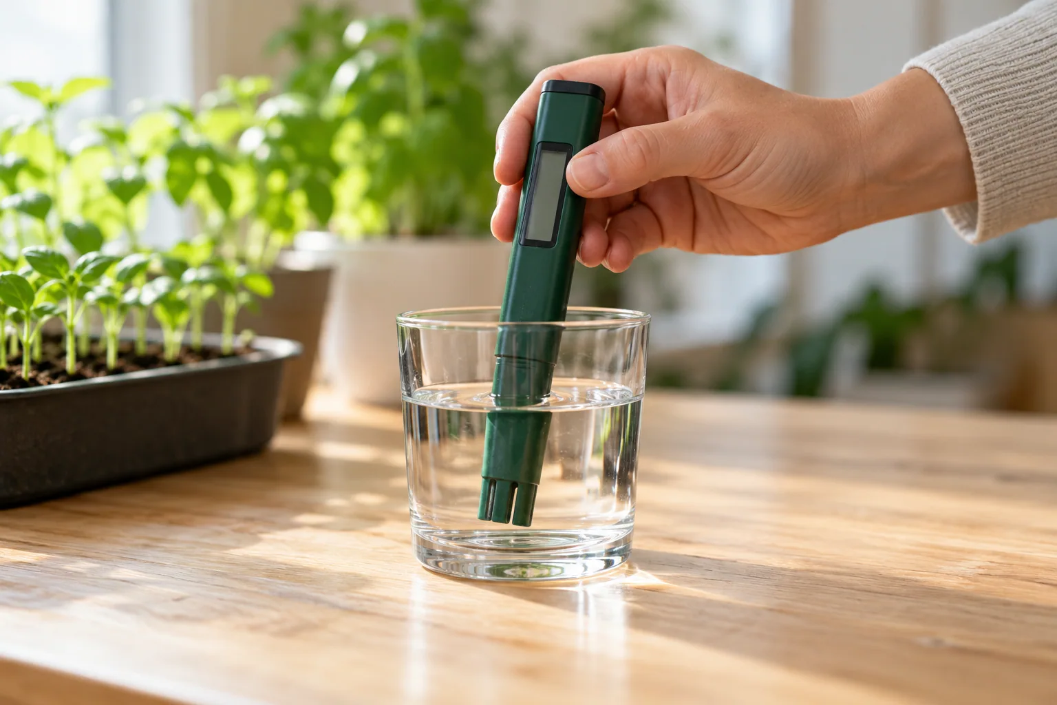 A hand checking water with a meter