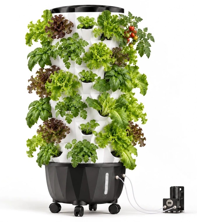 Nutraponics Pro AeroTower 48 with LED, planted, on a white studio plate