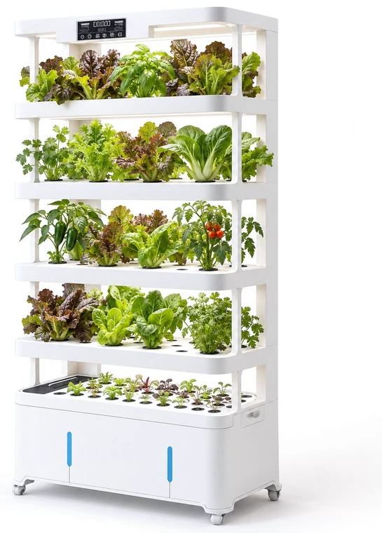 Nutraponics NutraTower five-tier shelf system, planted, on a white studio plate