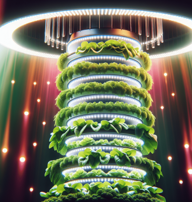LED grow lights illuminating hydroponic garden tower with lights (AI-Generated Visual)