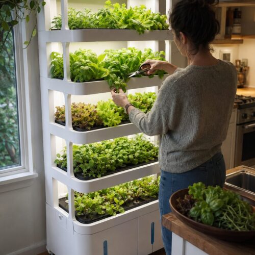 Harvesting fresh greens from a hydroponic tower at home