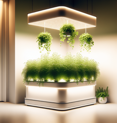 Illustration of indoor hydroponic system with lights