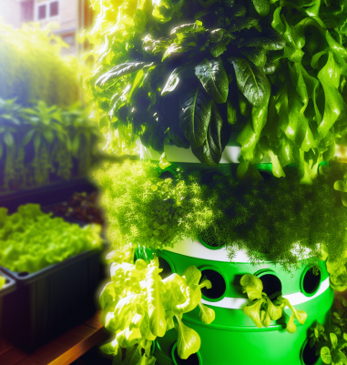 A vibrant hydroponics tower garden with various leafy greens and herbs