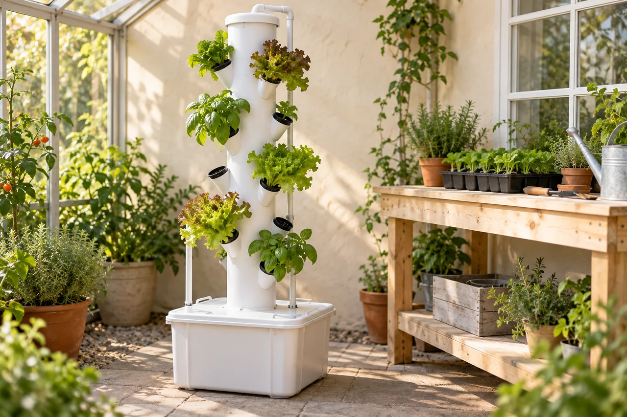 Illustrative white growing tower with leafy greens beside a sunlit window; not a Tower Garden product photograph.