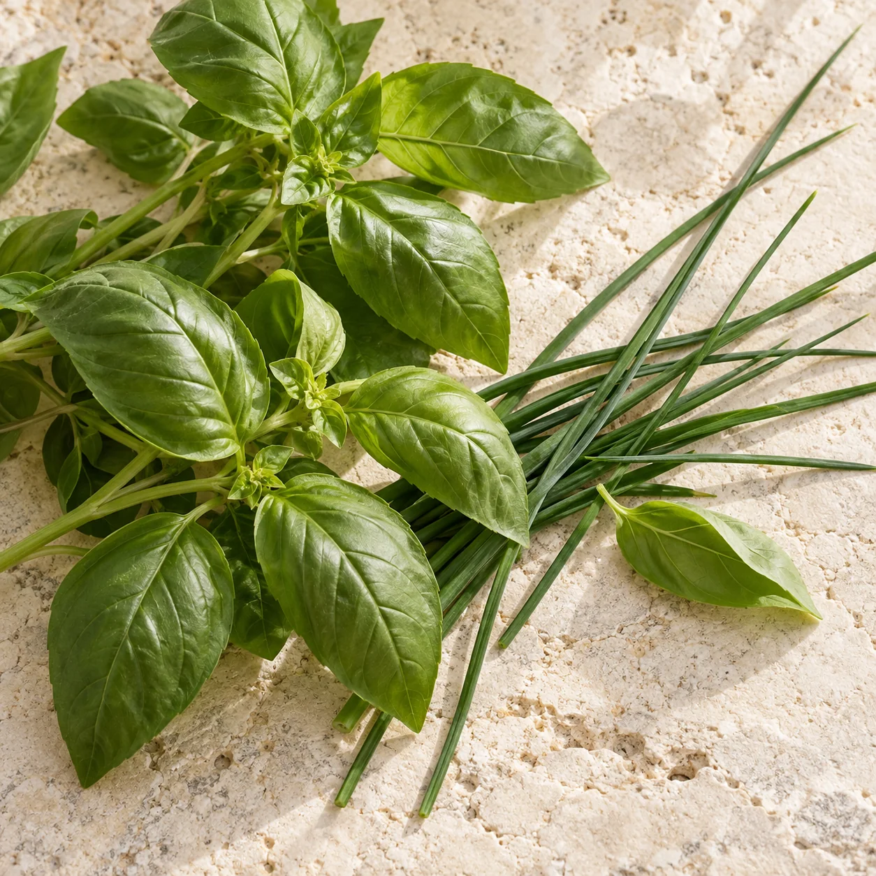 Fresh basil and chives ready to harvest.