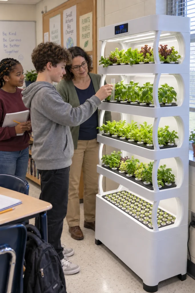 A student holds a ruler beside basil on the Pro Shelf while a teacher and classmate watch.