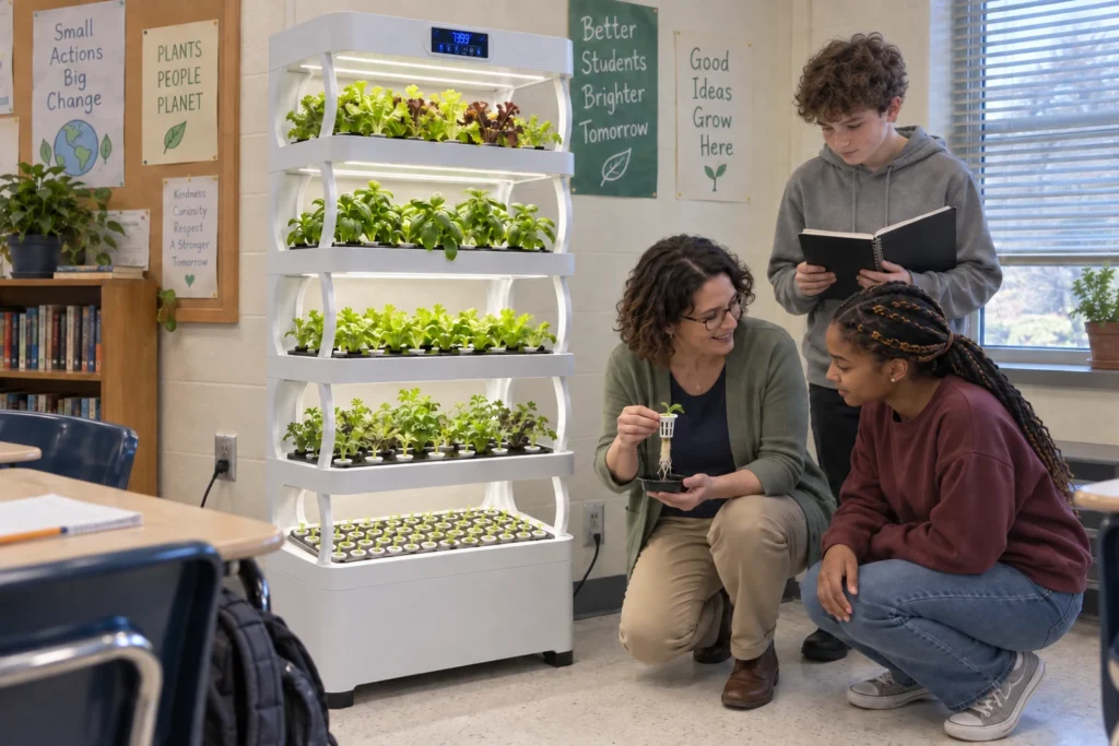 A teacher holds a small seedling beside the Pro Shelf nursery while two students watch and record notes.