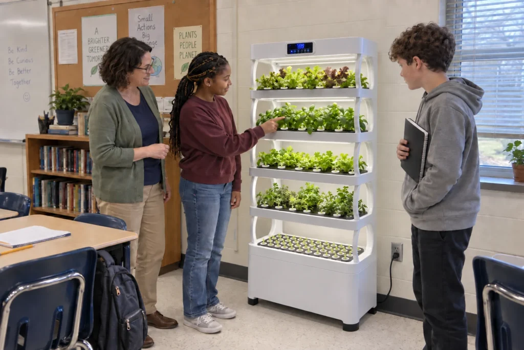 A student holds a leaf beside the Pro Shelf while her teacher and a classmate with a notebook look on.