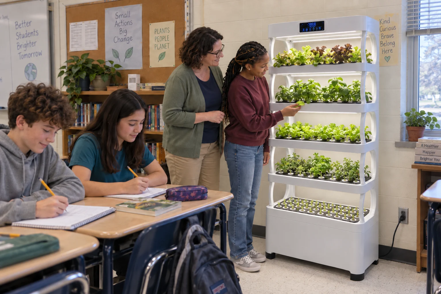 Two students write at classroom desks while a teacher and classmate examine basil growing on the white Pro Shelf.
