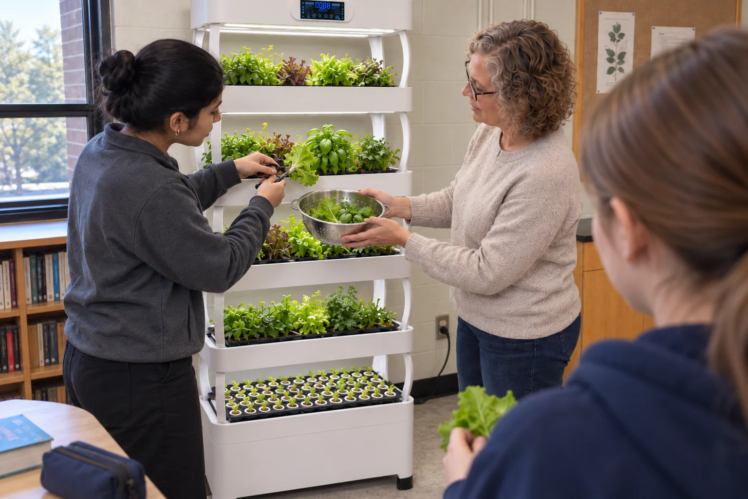 A student harvests greens while a teacher holds a metal colander beside the white Pro Shelf in a classroom.