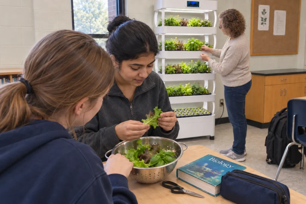 Two students examine lettuce above a colander on a classroom desk while their teacher tends the Pro Shelf behind them.