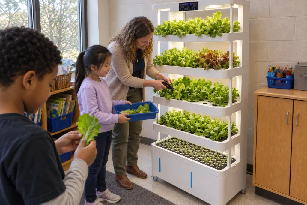 A teacher clips lettuce from the white NutraTower while two children hold a blue tray and inspect a harvested leaf.