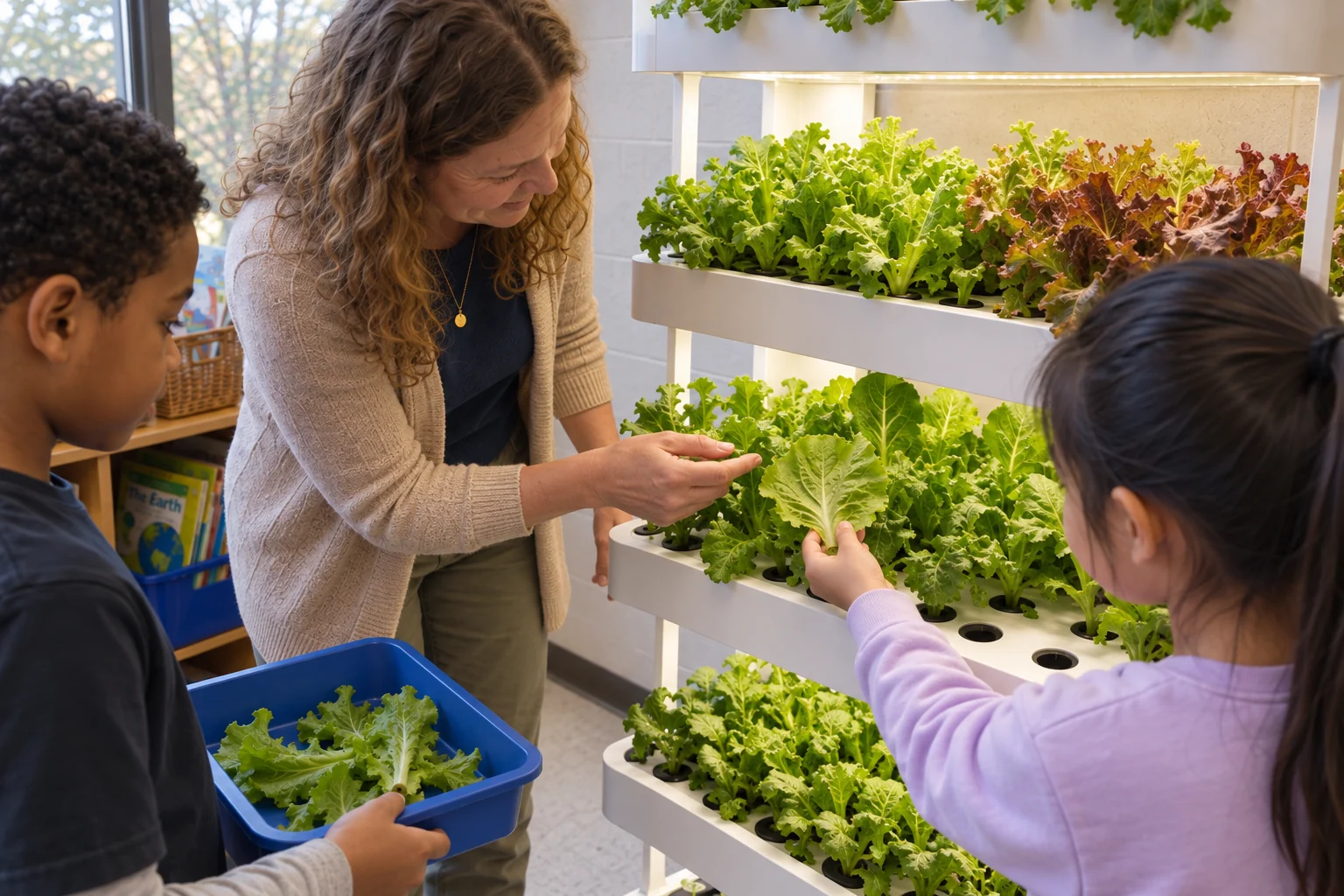 A child holds a lettuce leaf beside the NutraTower as her teacher points and a classmate holds a blue harvest tray.
