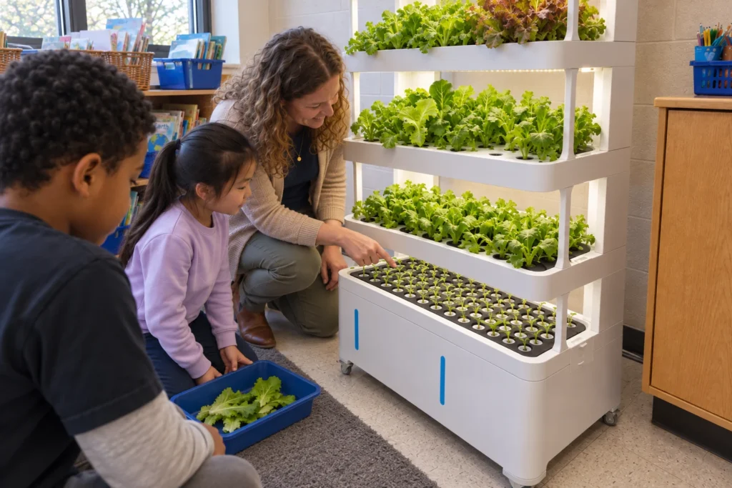 A teacher points to seedlings in the NutraTower nursery while two children crouch beside a blue tray of harvested lettuce.