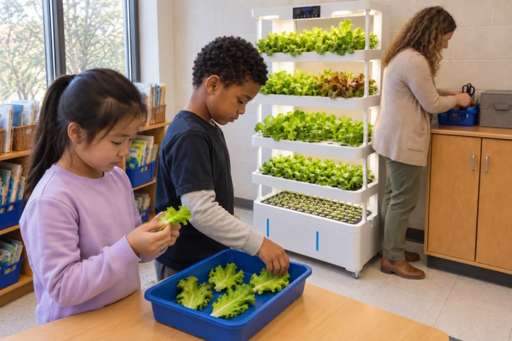 Two children examine lettuce in a blue tray at a classroom table, with the white NutraTower and their teacher behind them.