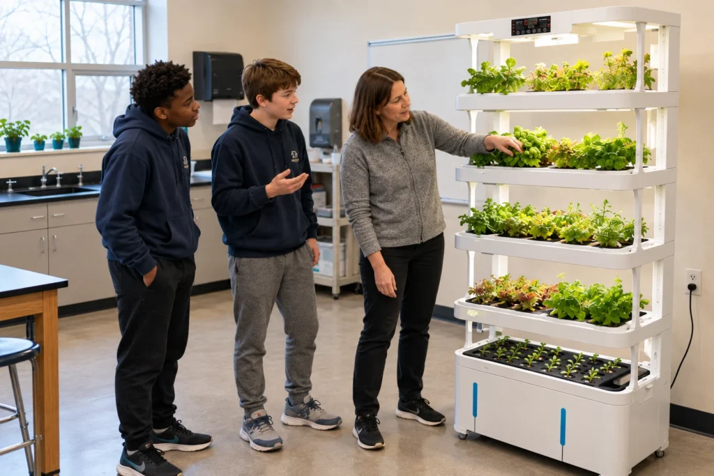 A teacher touches a leafy plant on the white NutraTower while two students stand nearby in a classroom with black worktops.