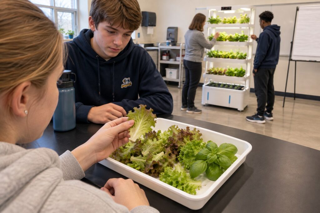 A student holds a lettuce leaf over a white harvest tray while a classmate watches and the NutraTower stands behind them.