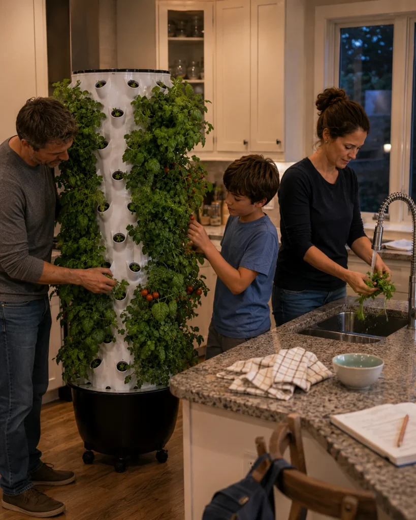 A man and boy inspect plants on the Pro Tower Garden while a woman rinses greens at the kitchen sink.