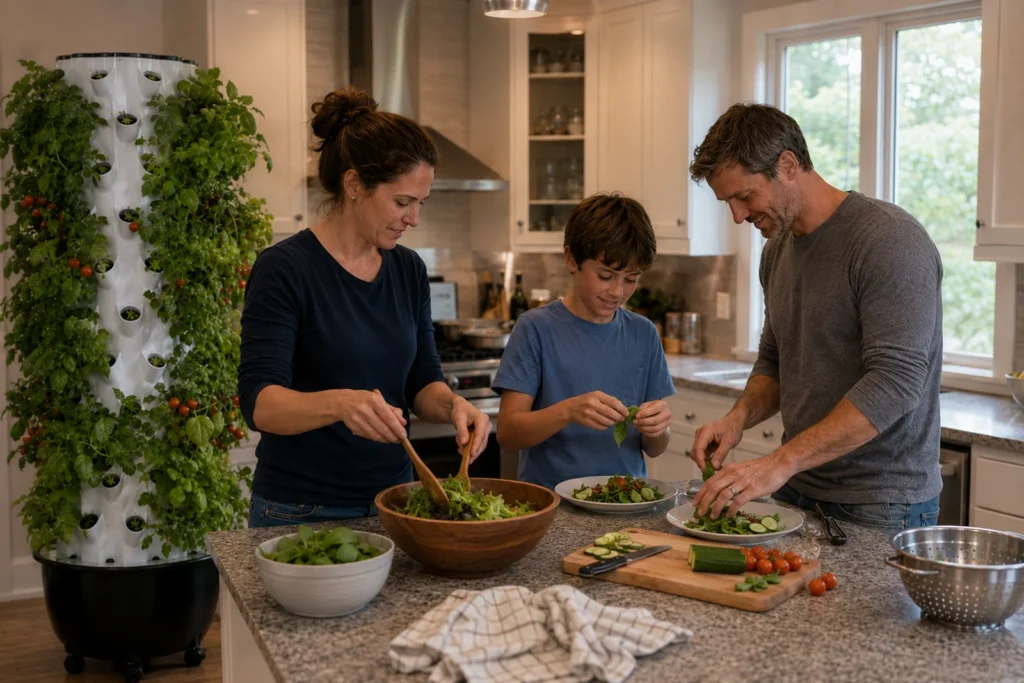 A woman tosses greens while a man and boy prepare plates beside the kitchen Pro Tower Garden.