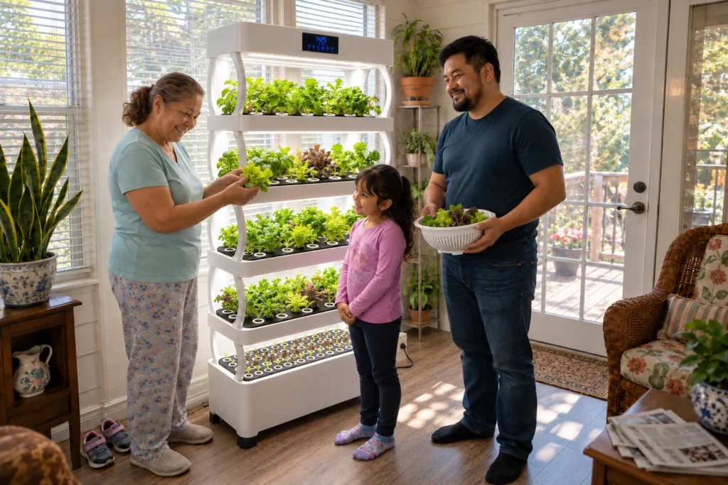 A grandmother shows lettuce to a young girl beside a white Pro Shelf while a man holds a colander of greens.