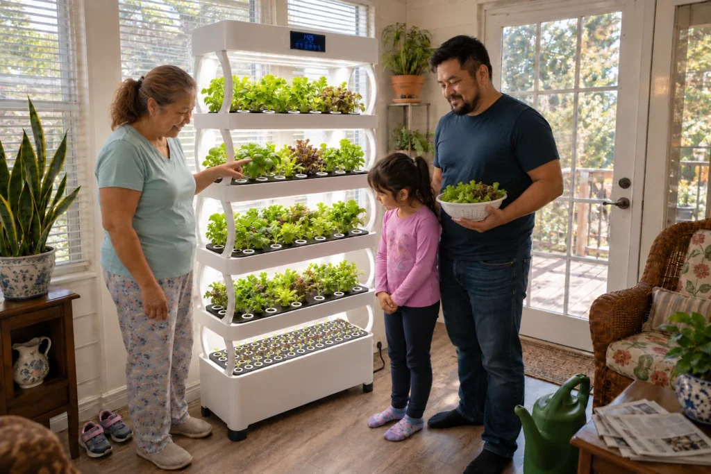 A grandmother points toward the Pro Shelf herbs while a girl and man look at the growing trays in the sunroom.