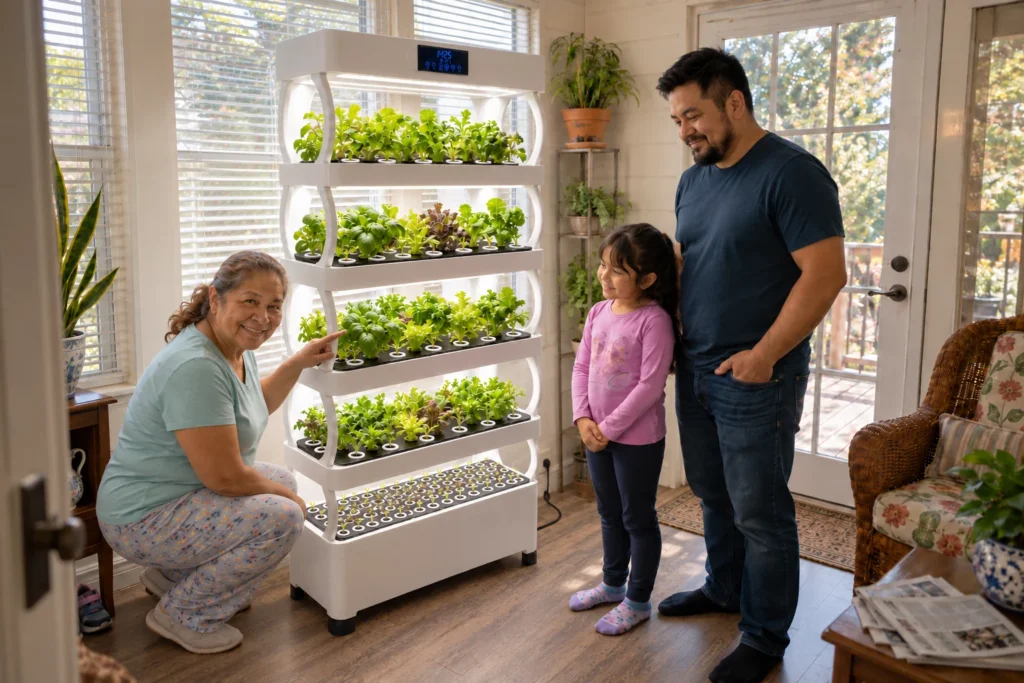 A grandmother crouches beside the Pro Shelf lower trays while a man and girl stand nearby in the bright sunroom.