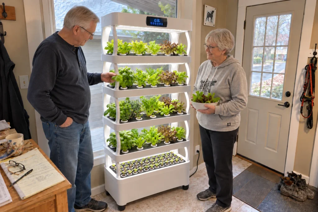 An older man checks basil on a white Pro Shelf while a woman holds a bowl of greens in the mudroom.