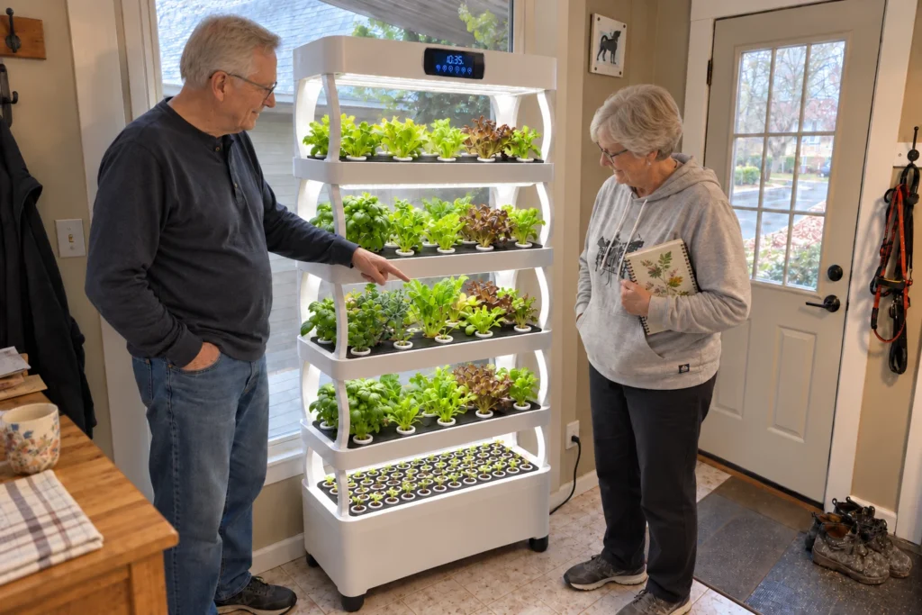 An older man points toward Pro Shelf greens while a woman holds a notebook beside the mudroom door.