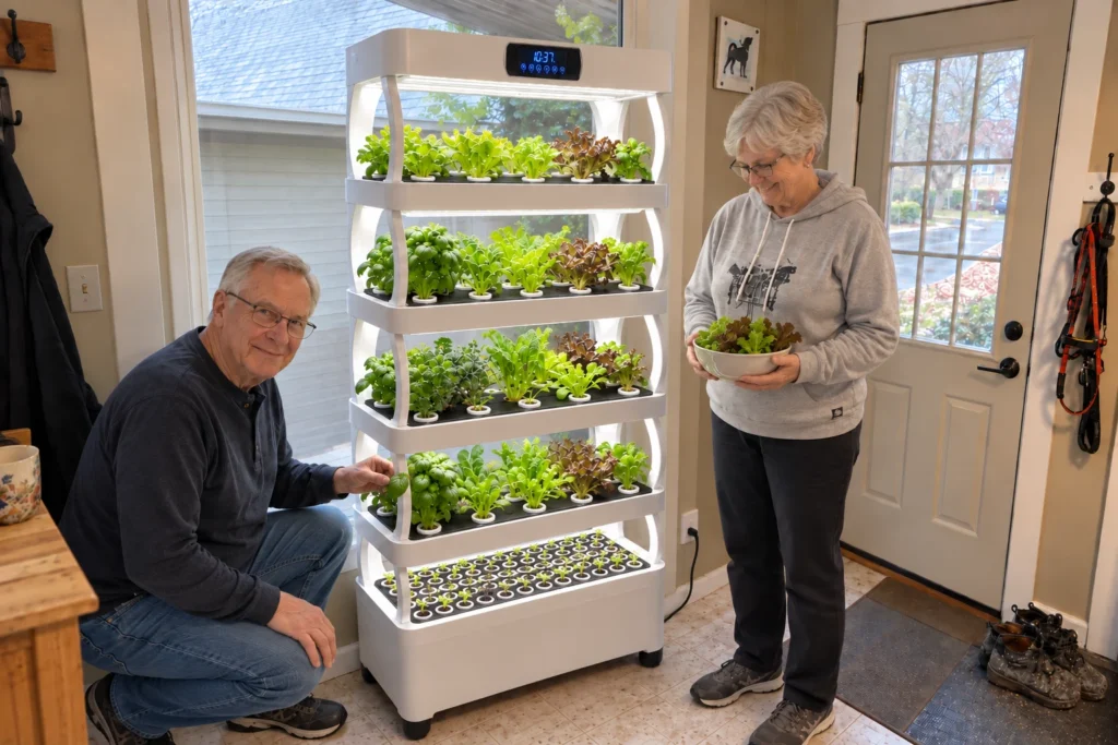 An older man kneels beside the Pro Shelf lower plants while a woman holds greens near the glass mudroom door.