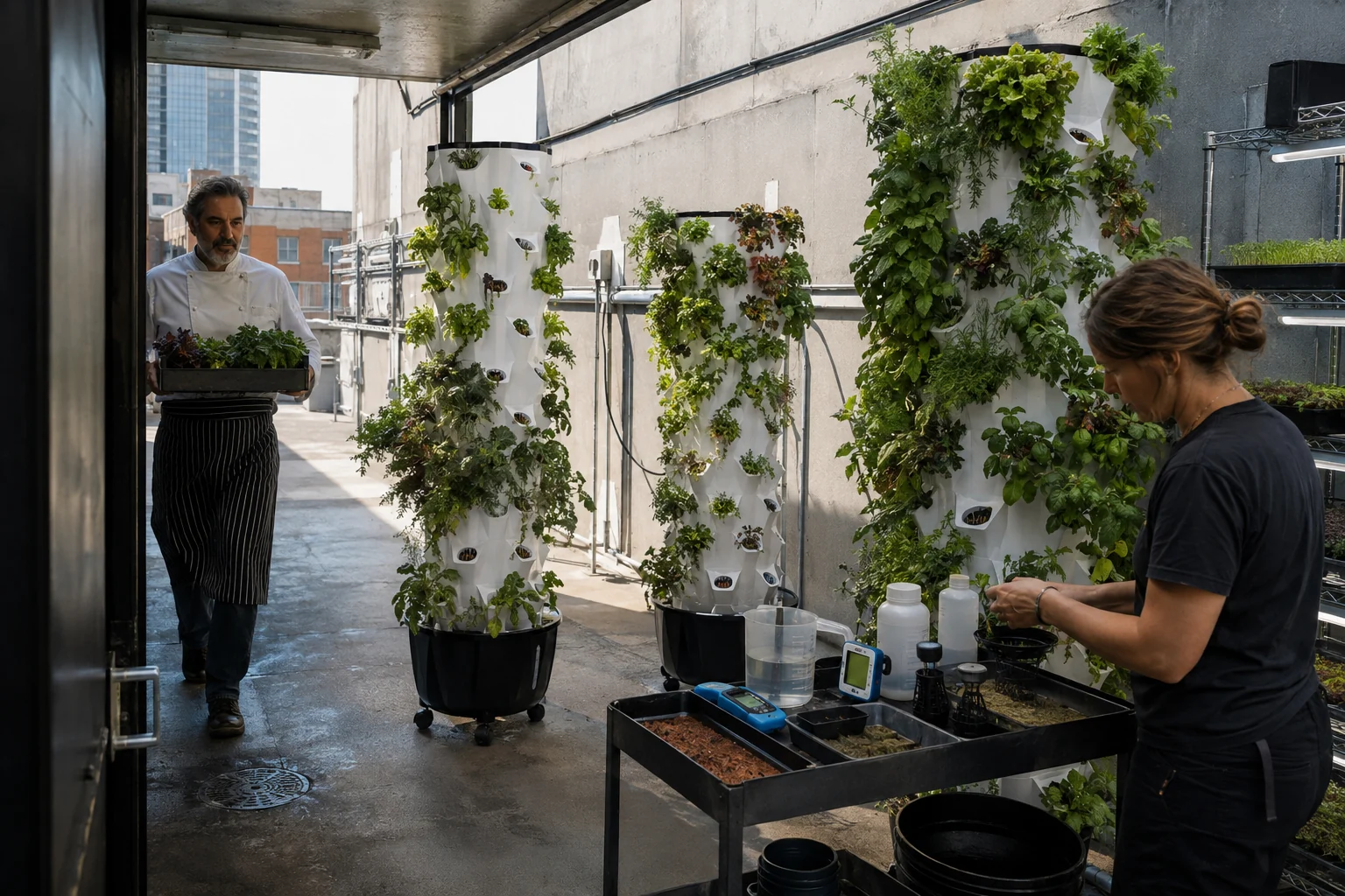 A grower works at a planting cart beside white Pro Tower Gardens as a chef carries a seedling tray through the doorway.