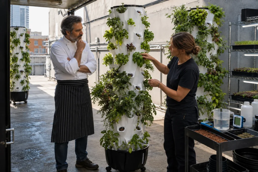 A grower shows basil leaves on a Pro Tower Garden to a chef beside a propagation cart in a covered rooftop growing room.