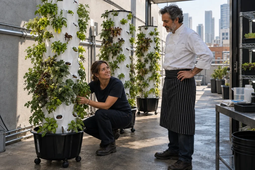 A kneeling grower checks leaves on the lower levels of a white Pro Tower Garden while a chef watches in the rooftop room.