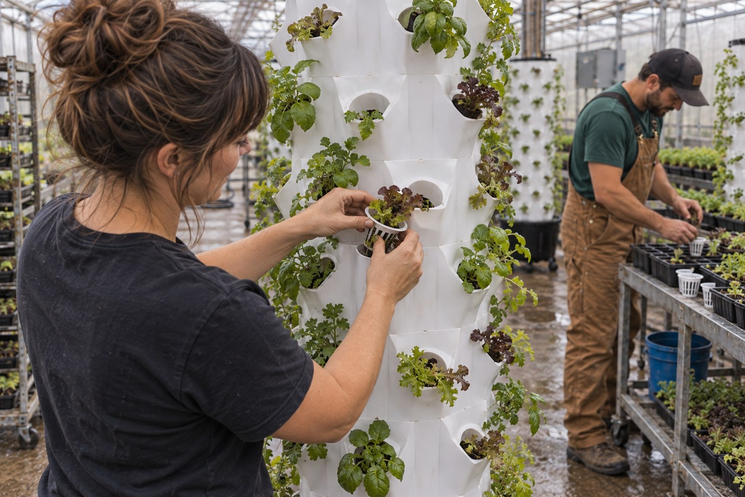 A woman guides a lettuce seedling in a white mesh cup into a Pro Tower Garden while a man prepares plants behind her.
