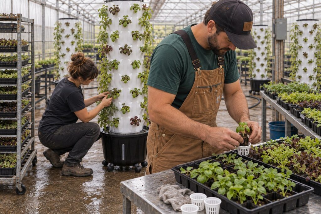A man in brown overalls prepares a basil seedling at a greenhouse bench while a woman tends a nearby Pro Tower Garden.