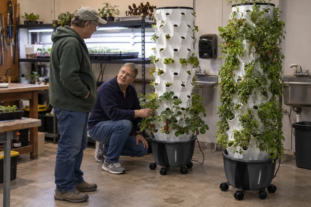 Two workshop members inspect strawberry plants on the lower levels of a Pro Tower Garden beside a second tower and a seedling rack.
