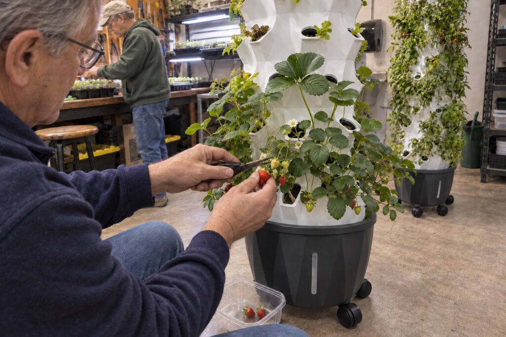 Over a man’s shoulder, a ripe strawberry is clipped from a white Pro Tower Garden above a clear harvest container.