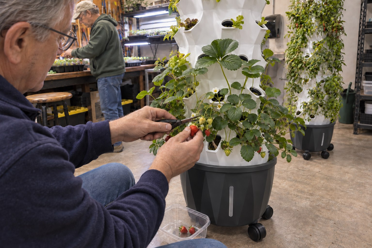 Over a man’s shoulder, a ripe strawberry is clipped from a white Pro Tower Garden above a clear harvest container.
