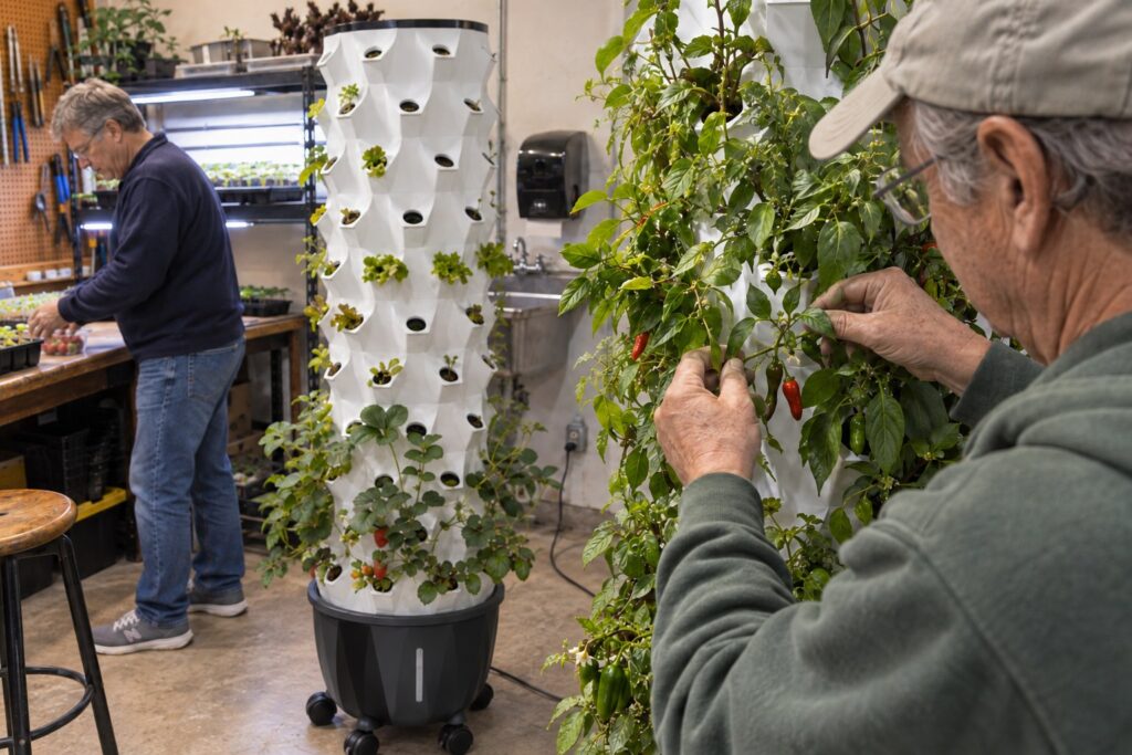 A man in a green hoodie checks pepper leaves on a Pro Tower Garden while another member works at the bench.